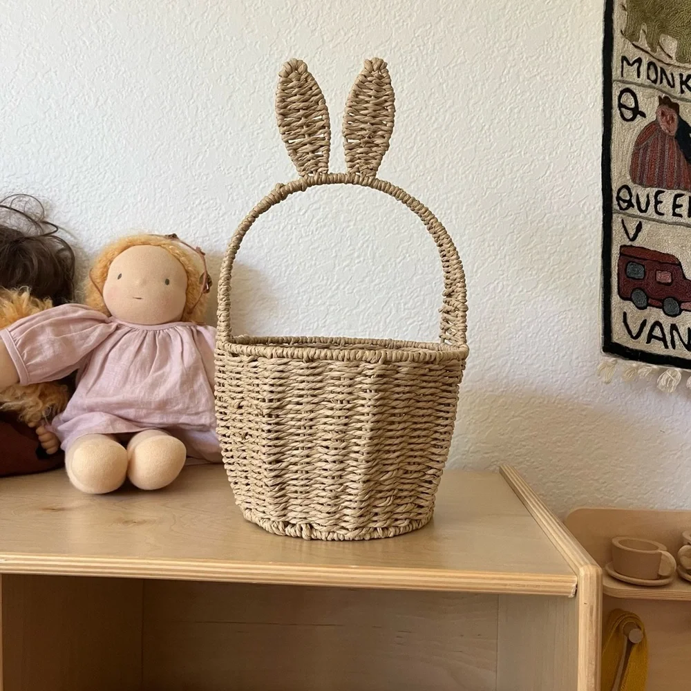 Woven Rattan Wicker Bunny Ear Easter Storage Basket - Tan